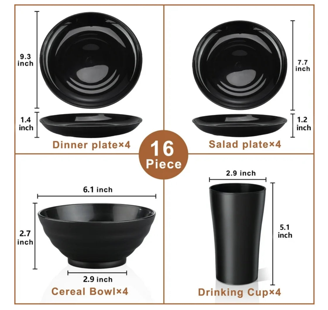 Bestdin Black Dinnerware Set for 4, 16 Pack Plastic BPA-Free Dinner Plates, Salad Plates, Cereal Bowls, Cups, Unbreakable Plates and Bowls Sets, Microwave and Dishwasher Safe