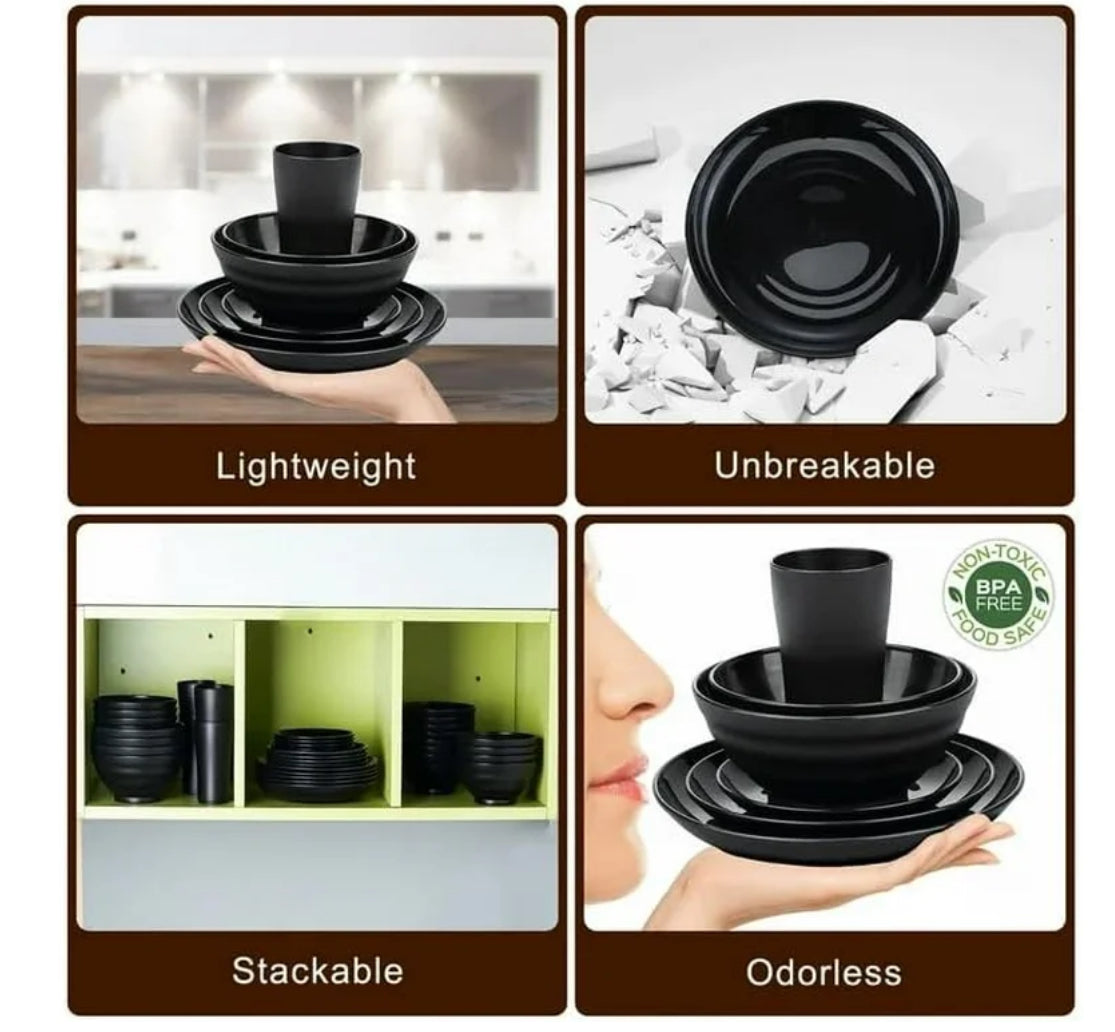 Bestdin Black Dinnerware Set for 4, 16 Pack Plastic BPA-Free Dinner Plates, Salad Plates, Cereal Bowls, Cups, Unbreakable Plates and Bowls Sets, Microwave and Dishwasher Safe