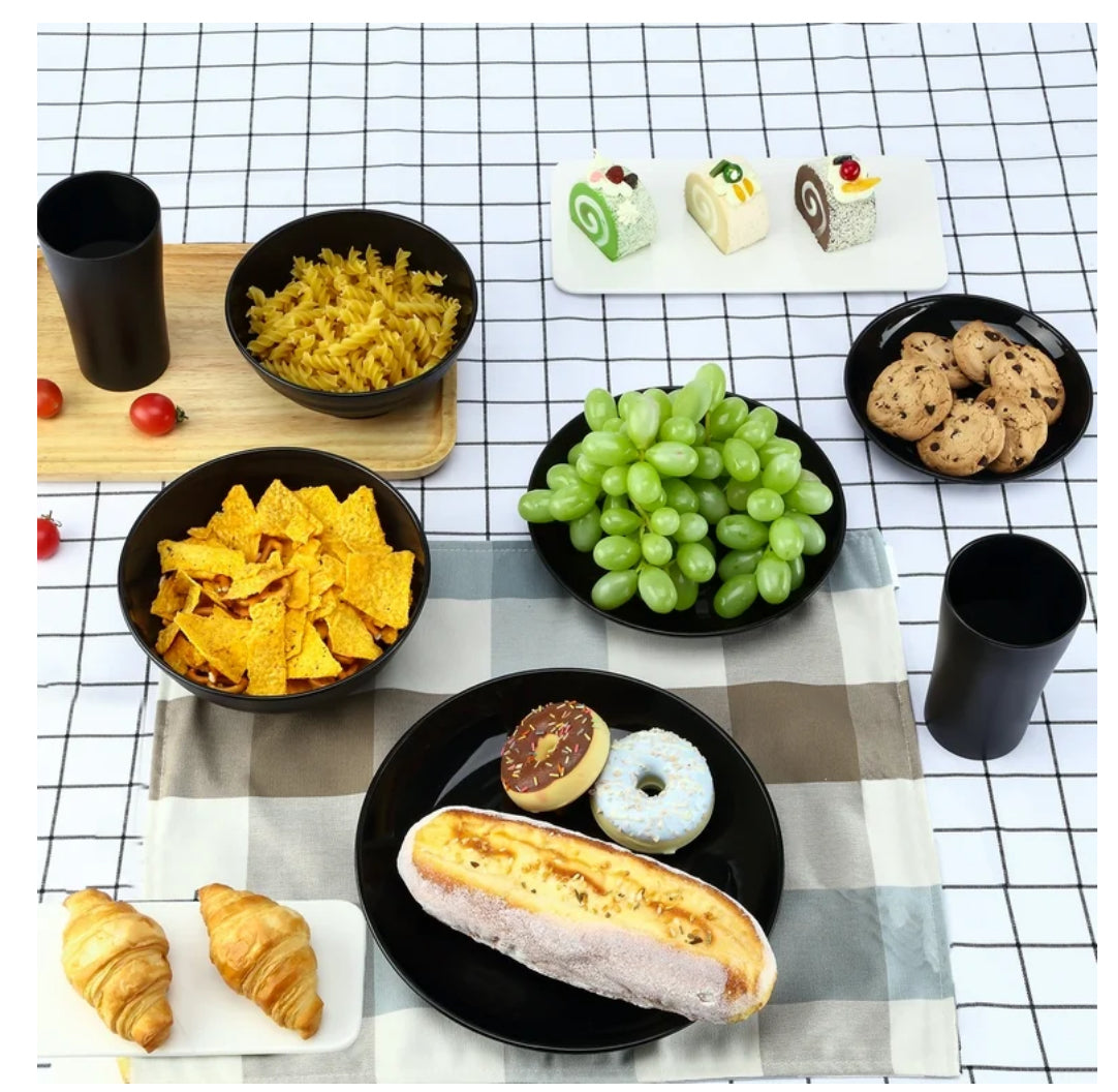 Bestdin Black Dinnerware Set for 4, 16 Pack Plastic BPA-Free Dinner Plates, Salad Plates, Cereal Bowls, Cups, Unbreakable Plates and Bowls Sets, Microwave and Dishwasher Safe