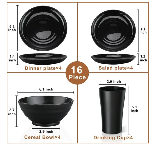 Bestdin Black Dinnerware Set for 4, 16 Pack Plastic BPA-Free Dinner Plates, Salad Plates, Cereal Bowls, Cups, Unbreakable Plates and Bowls Sets, Microwave and Dishwasher Safe